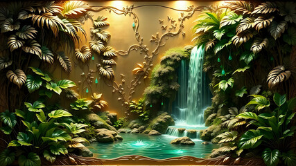 3D embossed  wall art depicting a serene waterfall in a tropical jungle, wall decor.