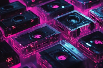 Abstract neon grid of illuminated circuit board elements with glowing pink and blue light