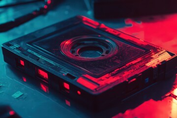 Futuristic gaming console with neon lighting abstract technology background close up detail
