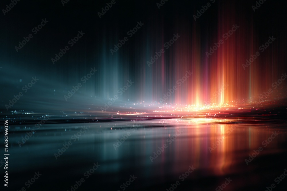 Poster colorful light trails reflecting on a wet asphalt surface, creating a vibrant and dynamic abstract s