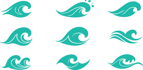 Collection of nine stylized turquoise wave icons in varying shapes and sizes, isolated on a white background.