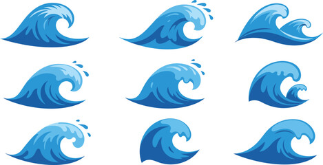 Fototapeta premium Nine stylized blue wave illustrations, arranged in a grid, featuring various shapes and sizes with splashes.