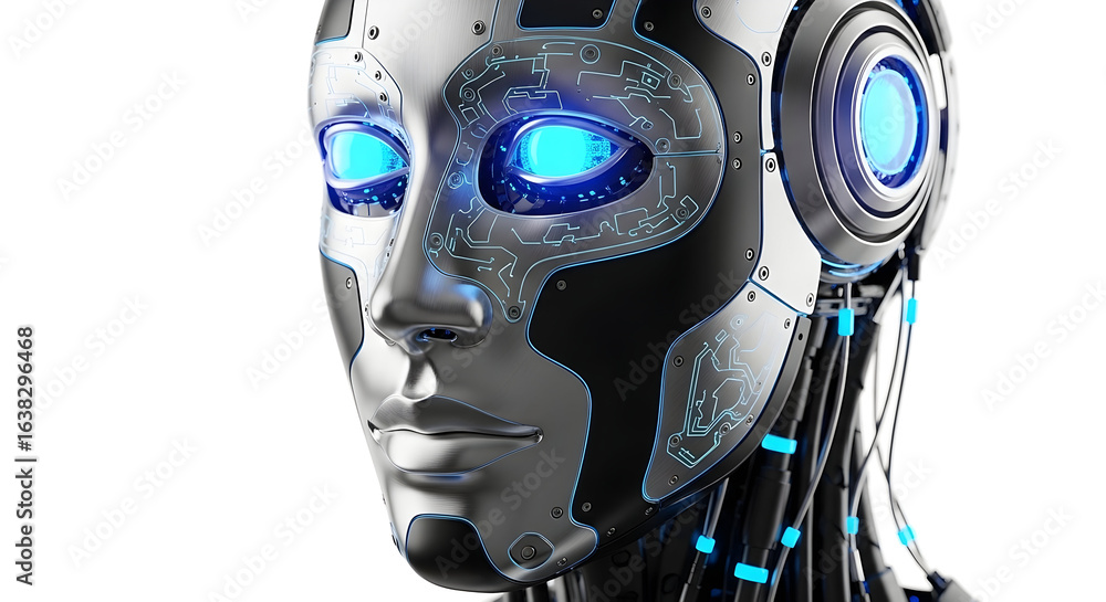 Poster close-up of a metallic robot head.