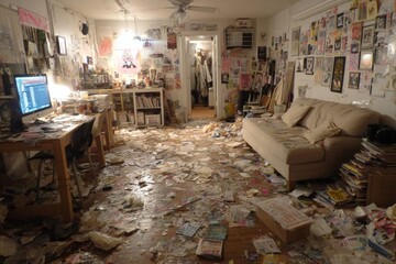 Artist studio apartment interior covered in drawings, sketches, and various papers creating a very messy and cluttered hoarding scene
