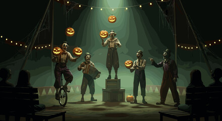 Creepy halloween circus performance featuring clowns juggling jack o lanterns under a tent with spooky lighting and an audience watching