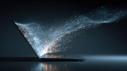 Glowing Data Stream Emerging from Silver Laptop on Dark Background