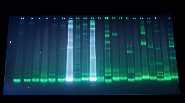 Scientific data from a genetic sequencing analysis showing glowing bands on a gel electrophoresis plate, illustrating molecular biology research.