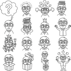A funny set of cartoon character faces, including people and birds, with a doodle-like style