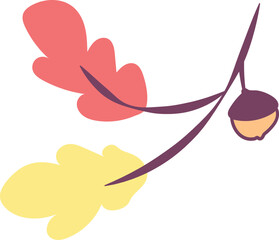 Simple Fall branch with acorn and colorful leaves decorative vector illustration isolated.