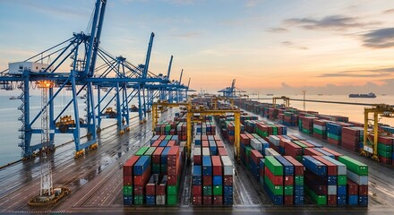 Busy container port with cranes and cargo ships for international trade and logistics
