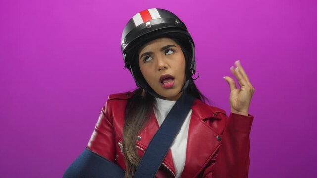 Woman wearing helmet makes an eye roll gesture in front of a background featuring young latin hispanic colors with her arm in a sling and a pink isolated wall.