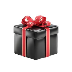 Obraz premium Black Gift Box Red Ribbon Elegant Present Surprise, isolated on transparent background, perfect cutout, PNG