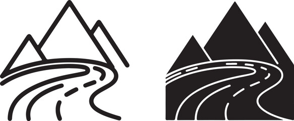 Mountain Road Sign Icon: Vector Symbol of Winding Path Through Peaks
