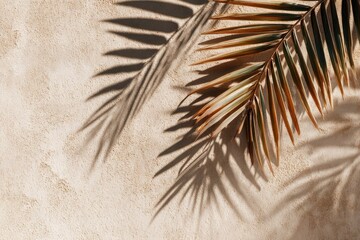 Textured tan wall with a palm frond casting a shadow