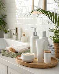 White bathroom products and plants bottles tube
