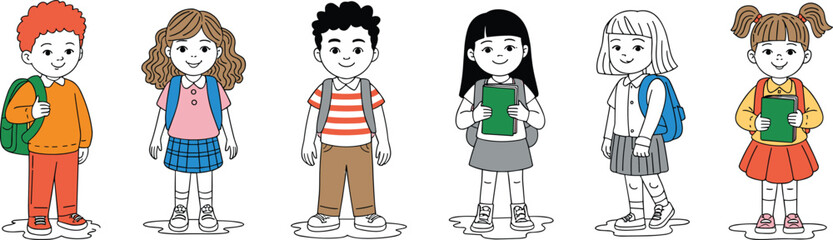 PrintSchool Children, Kids with Backpacks, Holding Books, Half Colored Illustration, Cartoon Students, Education Concept, Learning, Uniforms, Classroom, Vector Art