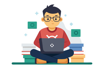 Digital Explorer at Work: A vector illustration of a focused individual engrossed in using a laptop, surrounded by books, embodying the spirit of learning and digital engagement.