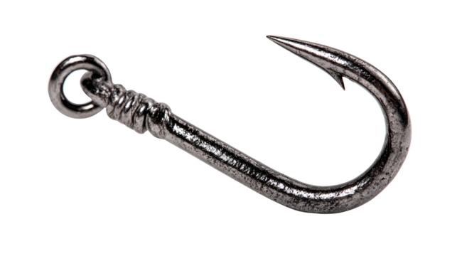 Closeup of a single sharp fishing hook on black background