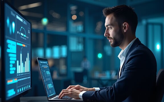 AI agent supporting business processes with automation technology. Generative artificial intelligence analyzing data and predicting future. Businessman using laptop computer. High quality