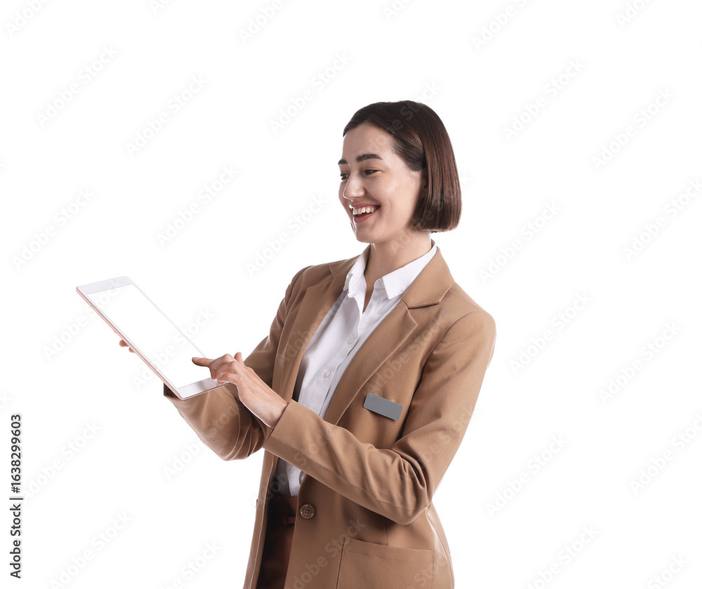 Poster smiling hostess in uniform with tablet on white background