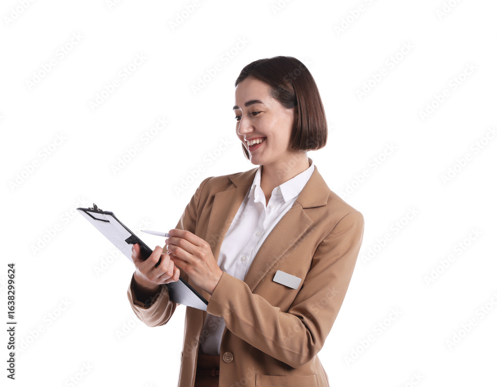 Poster smiling hostess in uniform with clipboard on white background