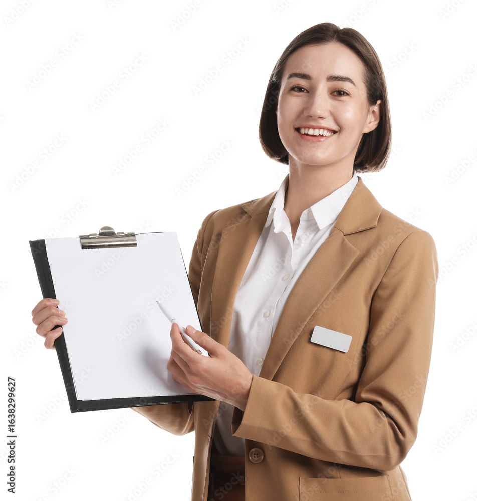 Poster smiling hostess in uniform with clipboard on white background