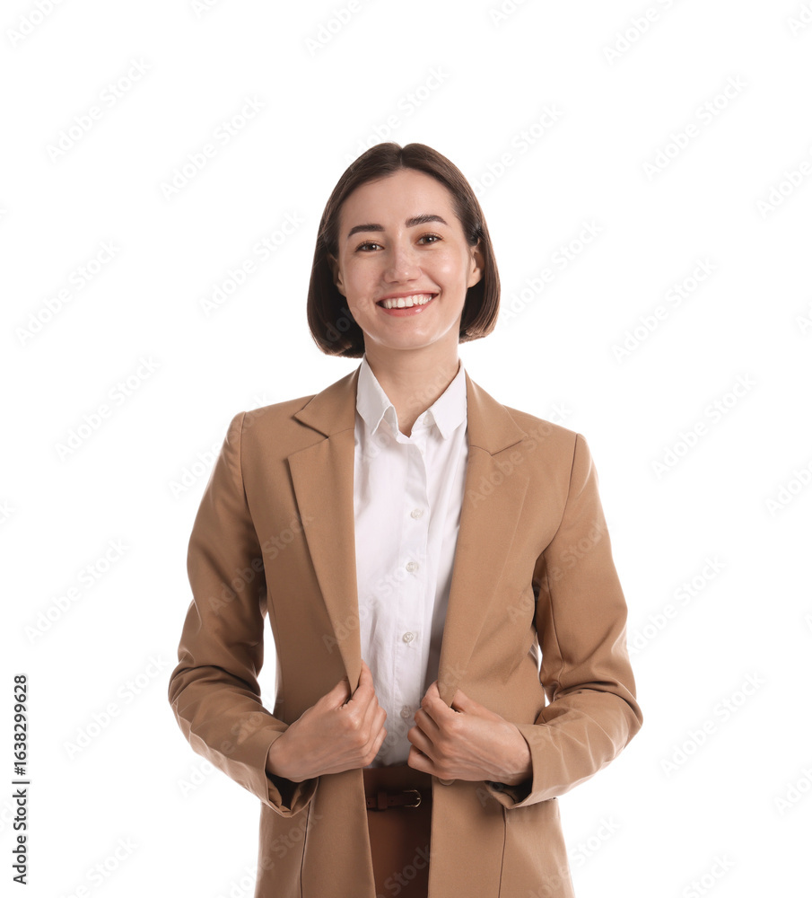 Poster portrait of smiling hostess in uniform on white background