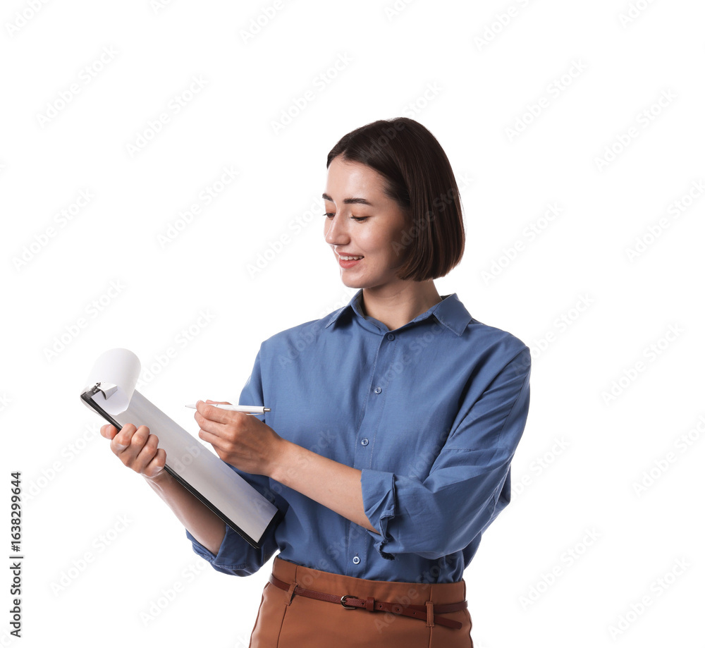 Poster smiling hostess in uniform with clipboard on white background