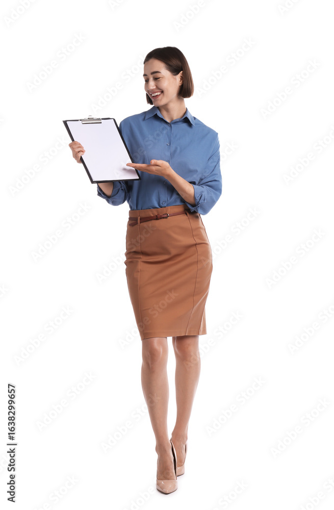 Poster smiling hostess in uniform with clipboard on white background