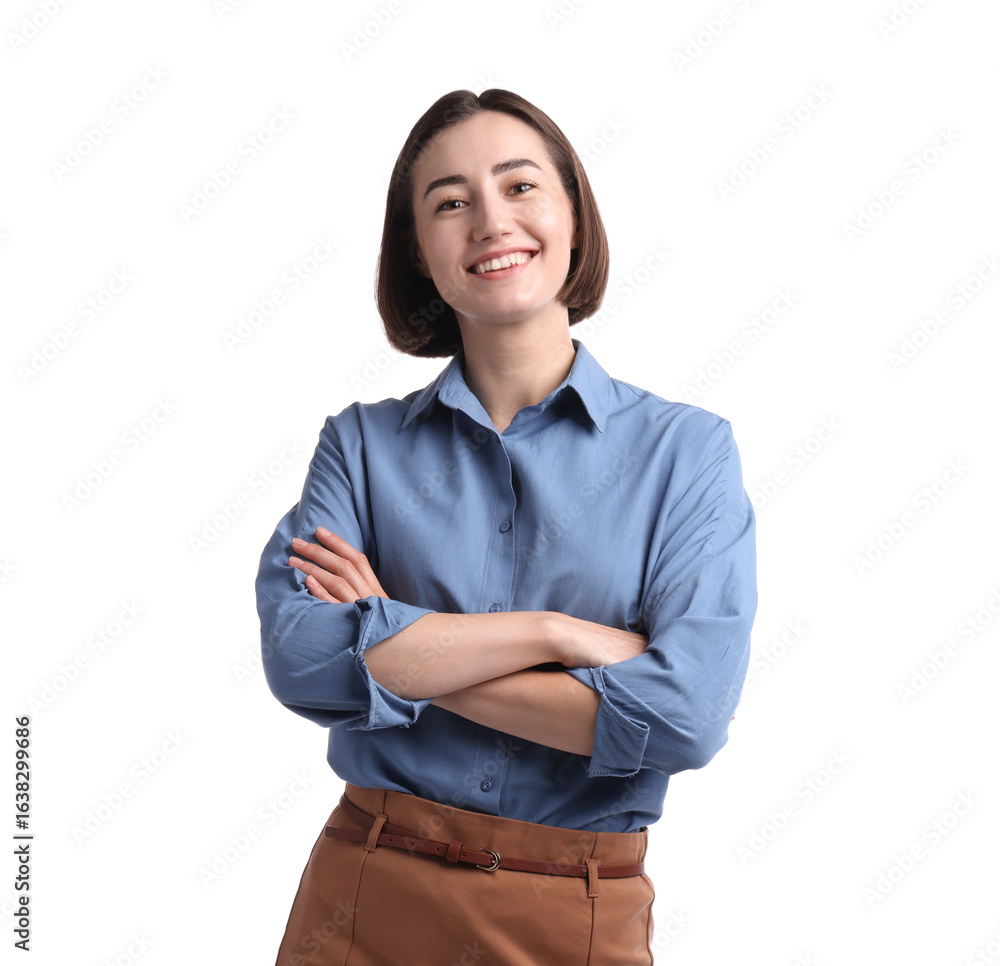 Poster portrait of smiling hostess in uniform on white background