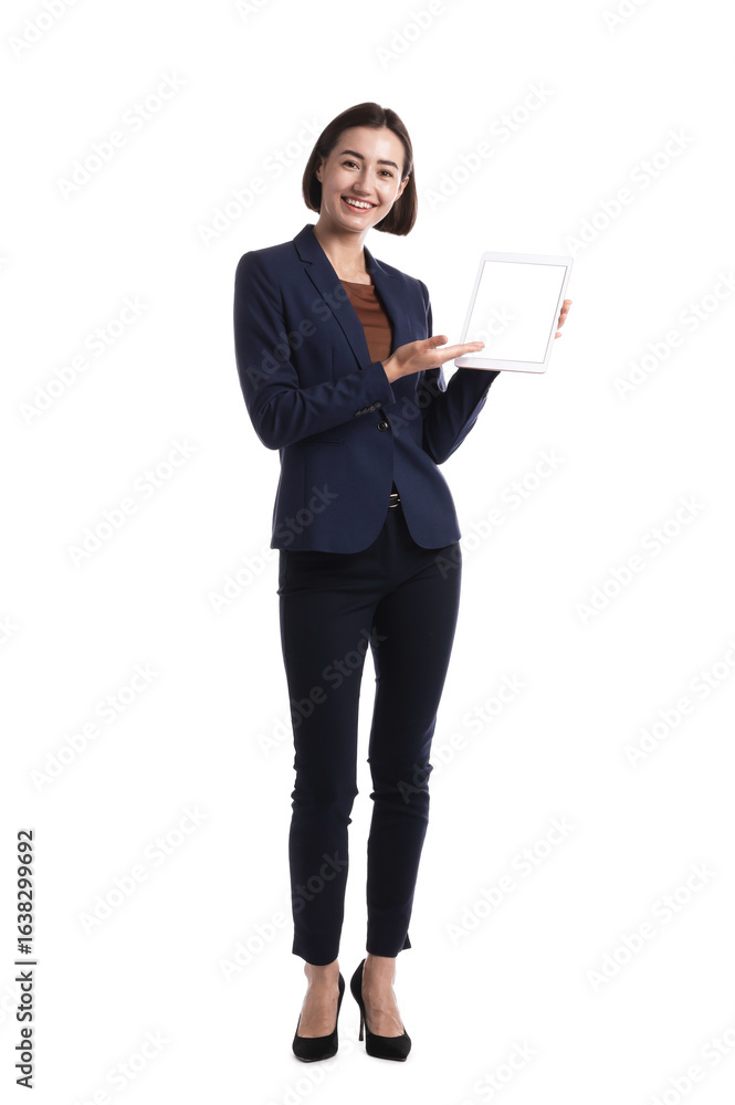 Poster smiling hostess in uniform with tablet on white background