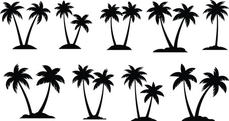 Obraz premium PrintSilhouette palm tree icons, tropical beach elements, black palm illustrations, vacation design assets, exotic tree symbols, summer nature clipart