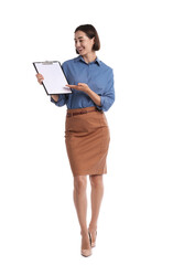 Smiling hostess in uniform with clipboard on white background