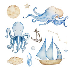 Set of watercolor underwater animals, dreamy design for banners, invitations and cards.