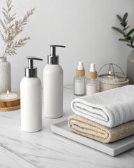 White dispensers and folded towels on marble pump chrome