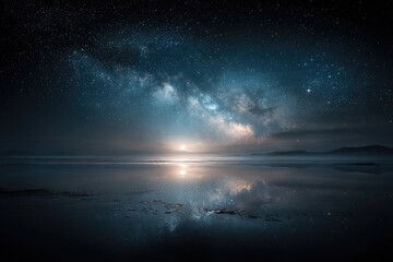 Milky Way over calm lake reflecting sunrise
