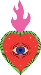 
Mexican sacred heart with open eye symbol. Bright mystical red heart decorated with decorative elements. Isolated vector illustration on transparent background.