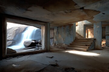 Sunlit, decaying interior with waterfall view