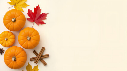 Fototapeta premium Minimalist Autumn Pumpkins and Leaves for Thanksgiving