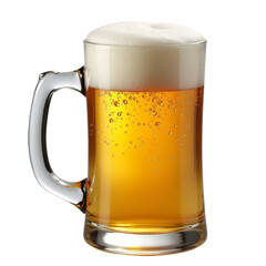 A clear glass mug of fresh beer with a creamy head and fine bubbles