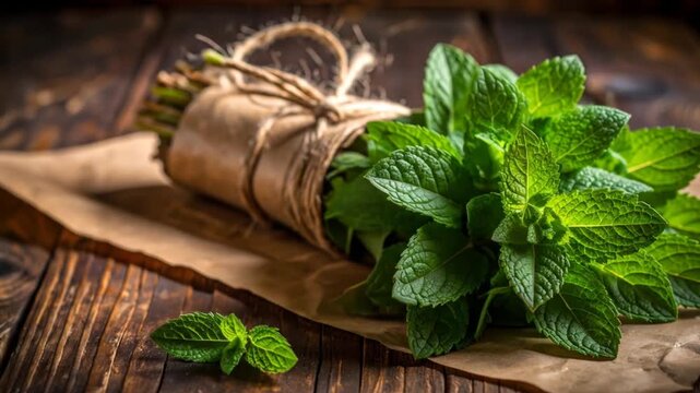 Close Up of Fresh Green Mint Herb Bundle Wrapped in Brown Paper on Dark Wooden Table with Natural Light for Culinary Use and Herbal Remedies