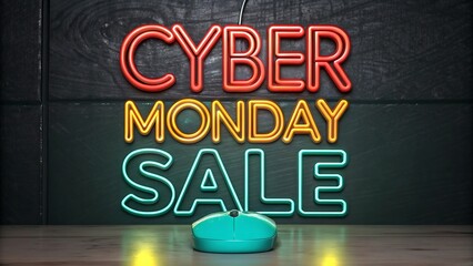 Bright neon cyber monday sale sign illuminates a teal computer mouse on a dark background