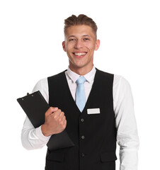 Smiling receptionist in uniform with clipboard on white background