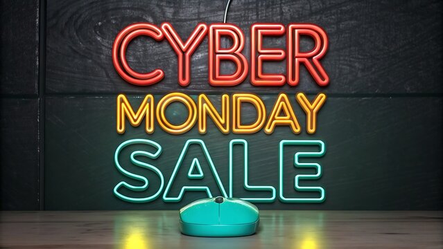 Bright neon cyber monday sale sign illuminates a teal computer mouse on a dark background - Powered by Adobe