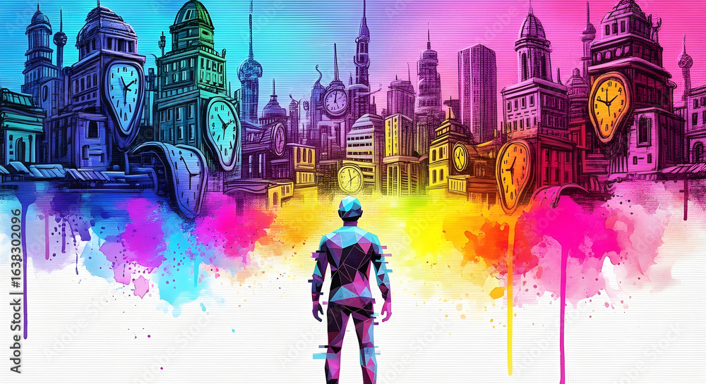 Poster abstract cityscape with distorted clocks and a figure.