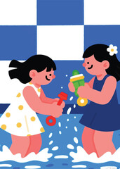 two happy little girls playing Illustrator Artwork design template poster