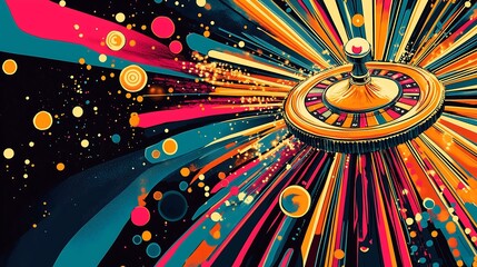 A vibrant, colorful roulette wheel surrounded by dynamic rays and playful circles, evoking excitement and chance.