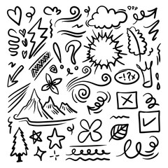 Hand drawn doodle design elements. flower, arrow, heart, leaves, cloud, hill, star and other,