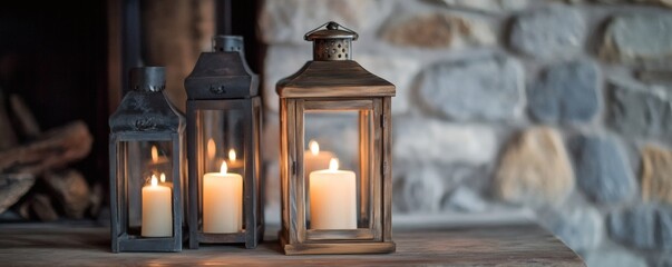 Three lit decorative lanterns sit on a wooden surface