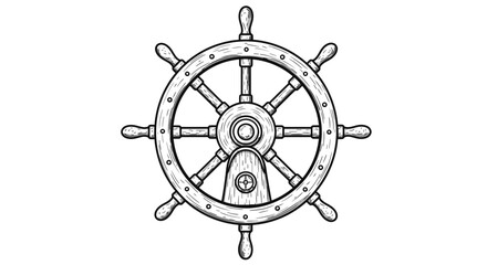 Vintage nautical helm illustration a classic wooden ship steering wheel with a compass emblem on a white background